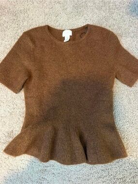 Soft Brown Short Sleeve Peplum Sweater-H&M